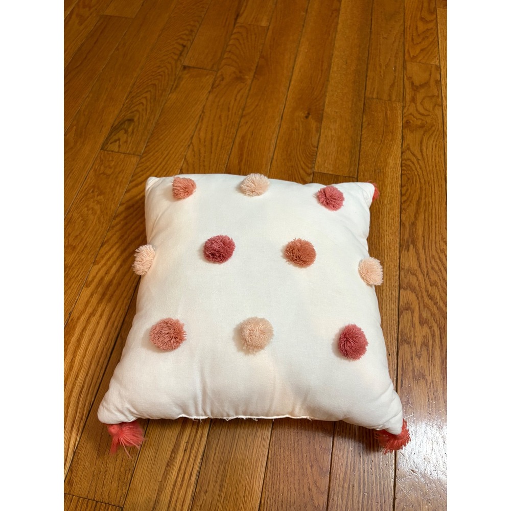 Target Cream Square Throw Pillow with Pink Peach Pom Poms and Tassels 16x16 Boho